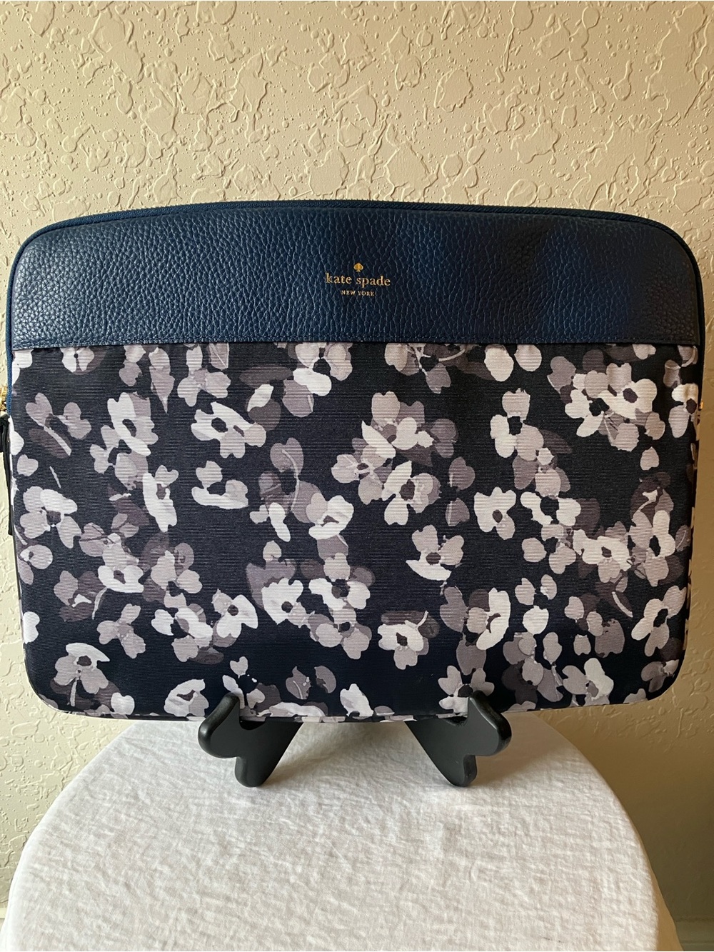 Kate Spade: Blue Leather Floral Laptop Sleeve- Padded- Gold Tone